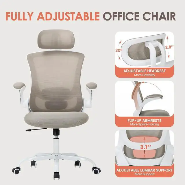 Alt view image 5 of 7 - Ergonomic Mesh Office Chair, High Back Executive Desk Chair with Adjustable Headrest and Lumbar Support, Flip-Up Arms, Rocking, Swivel Rolling Computer Mesh Chair for Home Office-Khaki