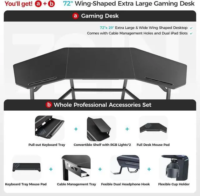 Alt view image 4 of 7 - EUREKA ERGONOMIC Aero Gaming Desk with Led Lights, 72" Large Wing-Shaped Studio Desk W Keyboard Tray Monitor Stand Dual Headphone Hanger Cup Holder for Live, Streamer