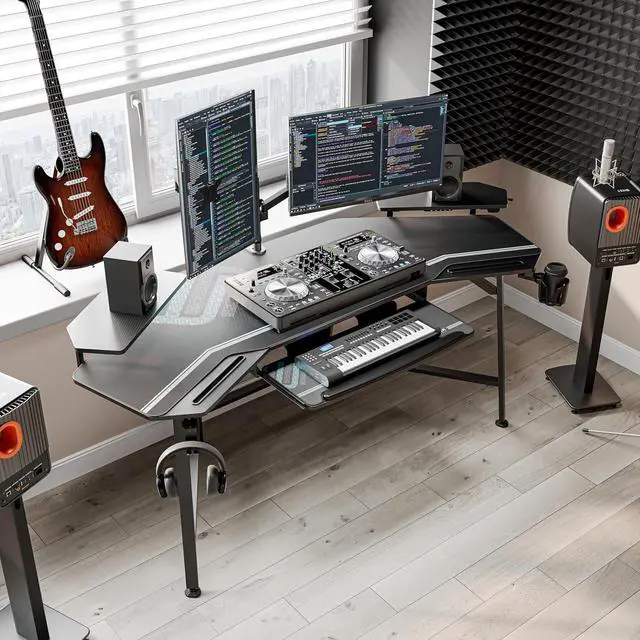 Alt view image 5 of 7 - EUREKA ERGONOMIC Aero Gaming Desk with Led Lights, 72" Large Wing-Shaped Studio Desk W Keyboard Tray Monitor Stand Dual Headphone Hanger Cup Holder for Live, Streamer