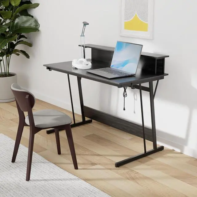 Alt view image 2 of 7 - VASAGLE LED Gaming Desk with Power Outlets, Computer Desk with USB Ports, Office Desk with Monitor Stand for 2 Monitors, with Hooks, for Bedroom, 23.6 x 47.2 x 29.5 Inches Ebony Black ULWD092B56