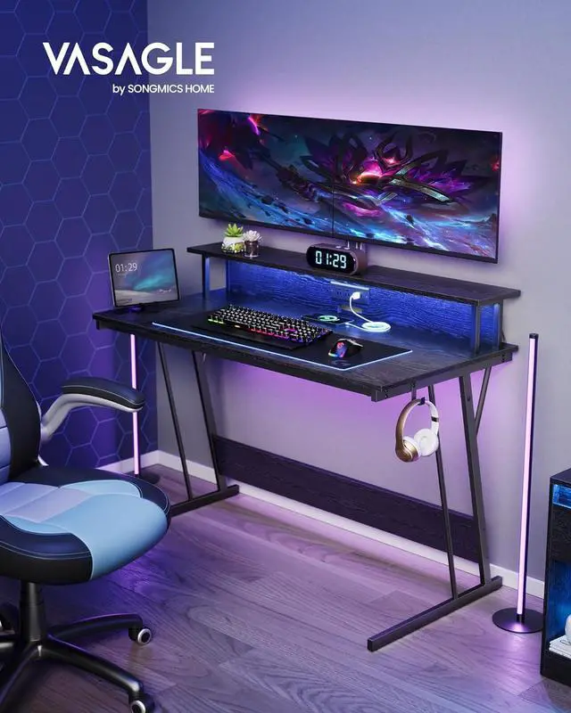 Alt view image 4 of 7 - VASAGLE LED Gaming Desk with Power Outlets, Computer Desk with USB Ports, Office Desk with Monitor Stand for 2 Monitors, with Hooks, for Bedroom, 23.6 x 47.2 x 29.5 Inches Ebony Black ULWD092B56