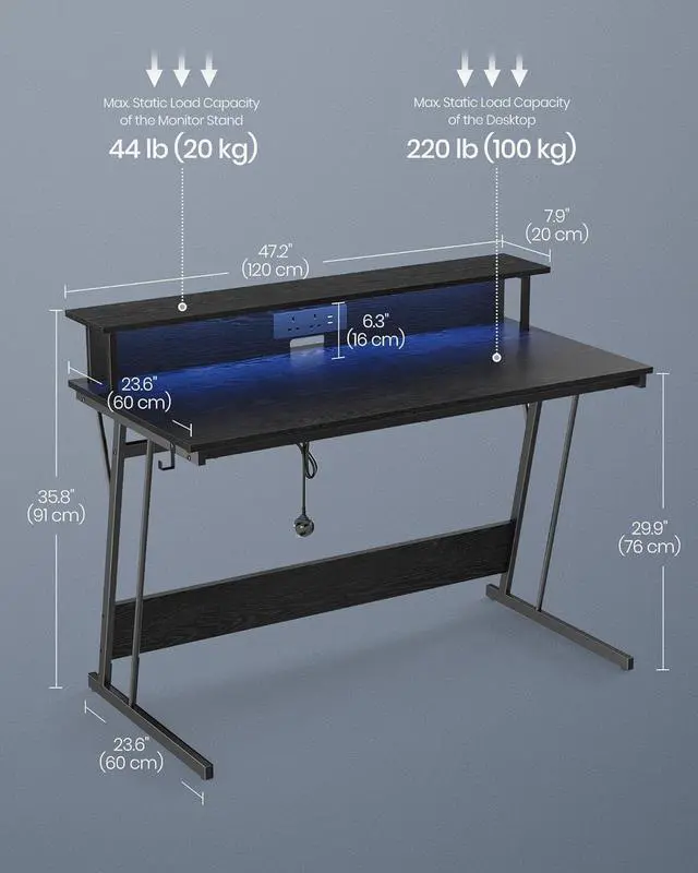 Alt view image 3 of 7 - VASAGLE LED Gaming Desk with Power Outlets, Computer Desk with USB Ports, Office Desk with Monitor Stand for 2 Monitors, with Hooks, for Bedroom, 23.6 x 47.2 x 29.5 Inches Ebony Black ULWD092B56