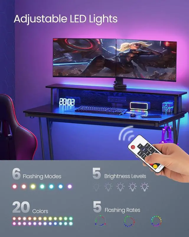 Alt view image 6 of 7 - VASAGLE LED Gaming Desk with Power Outlets, Computer Desk with USB Ports, Office Desk with Monitor Stand for 2 Monitors, with Hooks, for Bedroom, 23.6 x 47.2 x 29.5 Inches Ebony Black ULWD092B56