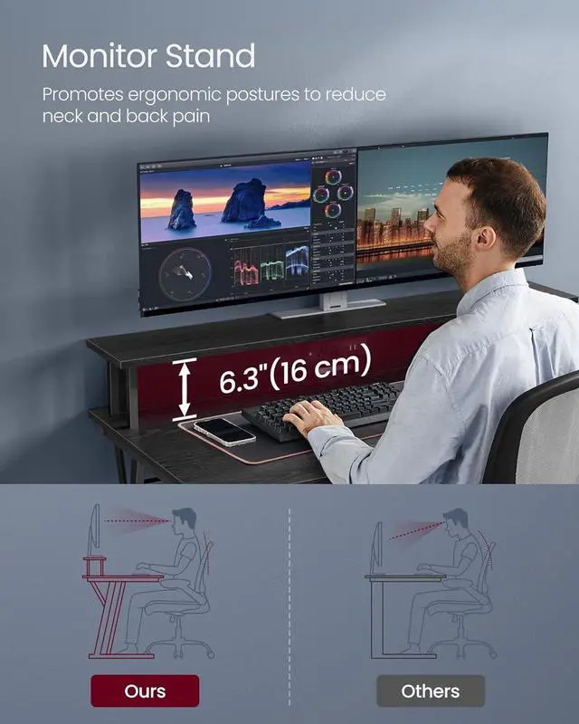 Alt view image 7 of 7 - VASAGLE LED Gaming Desk with Power Outlets, Computer Desk with USB Ports, Office Desk with Monitor Stand for 2 Monitors, with Hooks, for Bedroom, 23.6 x 47.2 x 29.5 Inches Ebony Black ULWD092B56