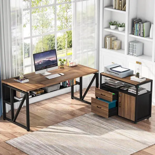 Alt view image 3 of 7 - Tribesigns 63" L Shaped Desk with Drawer Cabinet, Executive Computer Desk and lateral File Cabinet, 2 Piece Home Office Furniture with Drawers for Hanging File, Doors with Locks (Brown, 63 inches)