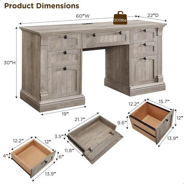 Alt view image 2 of 7 - OKD 60" Executive Desk with Drawers, Farmhouse Home Office Desk with Charging Station, Keyboard Tray, File Cabinet Storage, Wood Computer Desk for Work and Study, Light Rustic Oak