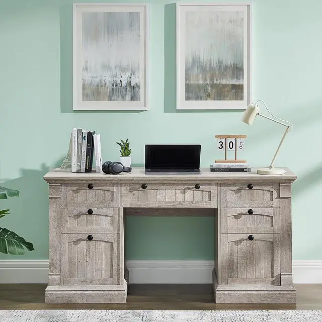 Alt view image 4 of 7 - OKD 60" Executive Desk with Drawers, Farmhouse Home Office Desk with Charging Station, Keyboard Tray, File Cabinet Storage, Wood Computer Desk for Work and Study, Light Rustic Oak