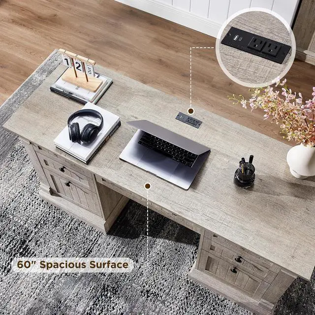 Alt view image 5 of 7 - OKD 60" Executive Desk with Drawers, Farmhouse Home Office Desk with Charging Station, Keyboard Tray, File Cabinet Storage, Wood Computer Desk for Work and Study, Light Rustic Oak
