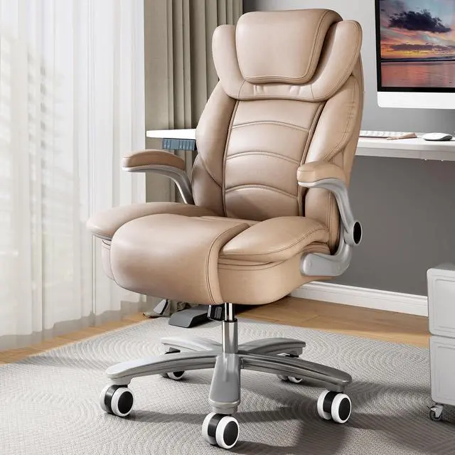 Main image of GYI Big and Tall Office Chair 400lb Wide Seat, High Back Leather Executive Office Chair with Flip-up Arms, Ergonomic Computer Desk Chairs for Home Office, Brown