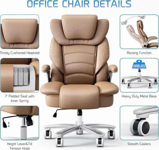 Alt view image 3 of 7 - GYI Big and Tall Office Chair 400lb Wide Seat, High Back Leather Executive Office Chair with Flip-up Arms, Ergonomic Computer Desk Chairs for Home Office, Brown