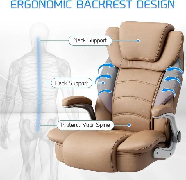 Alt view image 4 of 7 - GYI Big and Tall Office Chair 400lb Wide Seat, High Back Leather Executive Office Chair with Flip-up Arms, Ergonomic Computer Desk Chairs for Home Office, Brown