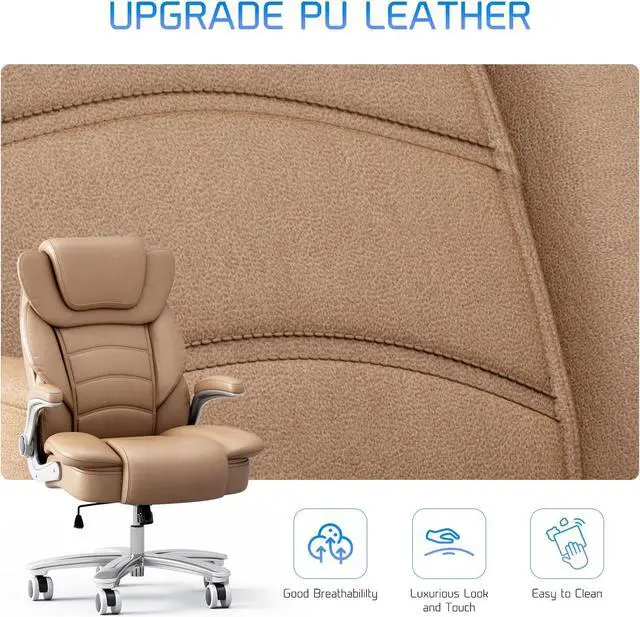 Alt view image 5 of 7 - GYI Big and Tall Office Chair 400lb Wide Seat, High Back Leather Executive Office Chair with Flip-up Arms, Ergonomic Computer Desk Chairs for Home Office, Brown
