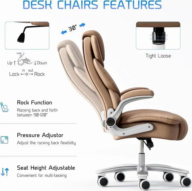 Alt view image 6 of 7 - GYI Big and Tall Office Chair 400lb Wide Seat, High Back Leather Executive Office Chair with Flip-up Arms, Ergonomic Computer Desk Chairs for Home Office, Brown