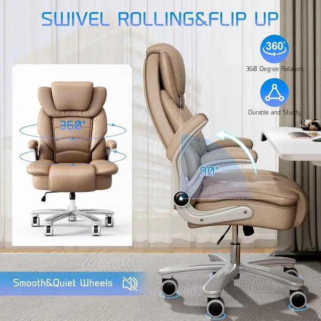 Alt view image 7 of 7 - GYI Big and Tall Office Chair 400lb Wide Seat, High Back Leather Executive Office Chair with Flip-up Arms, Ergonomic Computer Desk Chairs for Home Office, Brown