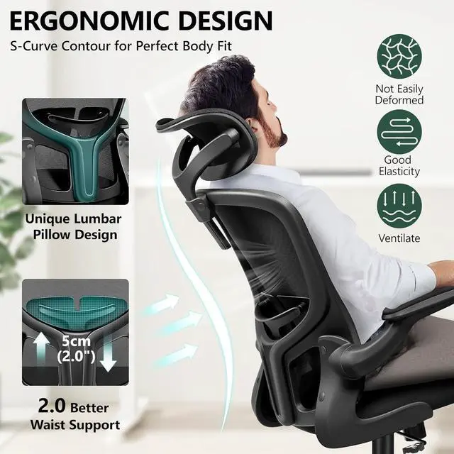 Alt view image 3 of 7 - FelixKing Office Chair Ergonomic Desk Chair with Headrest, High Back Computer with Adjustable Lumbar Support and Wheels,Executive Swivel Comfy with flip-up Armrests for Home Office