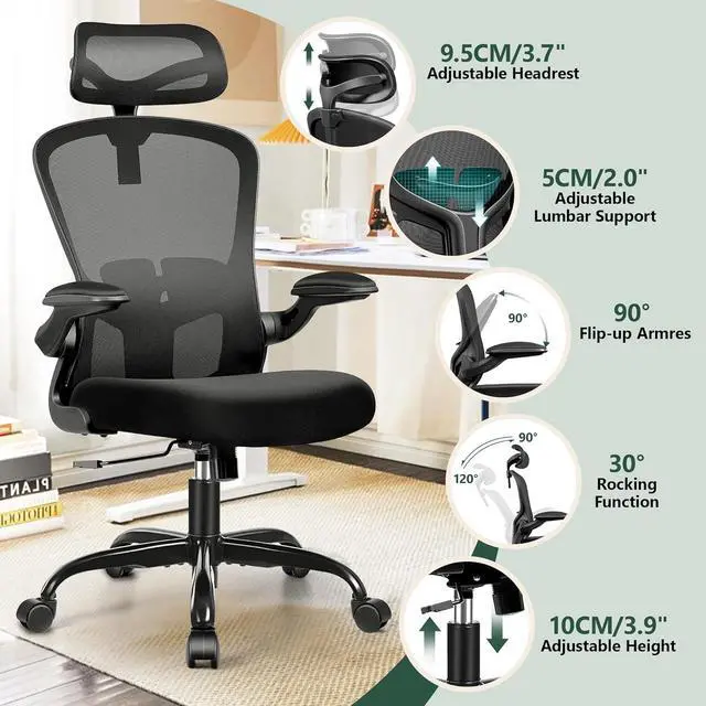 Alt view image 4 of 7 - FelixKing Office Chair Ergonomic Desk Chair with Headrest, High Back Computer with Adjustable Lumbar Support and Wheels,Executive Swivel Comfy with flip-up Armrests for Home Office