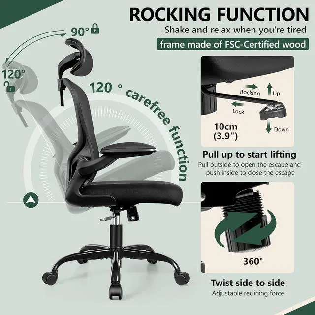 Alt view image 6 of 7 - FelixKing Office Chair Ergonomic Desk Chair with Headrest, High Back Computer with Adjustable Lumbar Support and Wheels,Executive Swivel Comfy with flip-up Armrests for Home Office