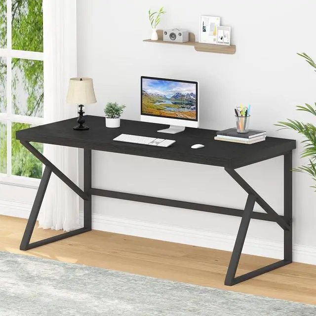 Main image of HSH Black Computer Desk, Long Home Office Laptop PC Desk, Large Industrial Metal Wood Executive Writing Gaming Workstation Desk, Modern Simple Student Study Work Table for Bedroom Living Room, 60 Inch