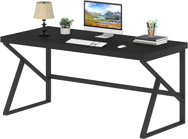 Alt view image 7 of 7 - HSH Black Computer Desk, Long Home Office Laptop PC Desk, Large Industrial Metal Wood Executive Writing Gaming Workstation Desk, Modern Simple Student Study Work Table for Bedroom Living Room, 60 Inch