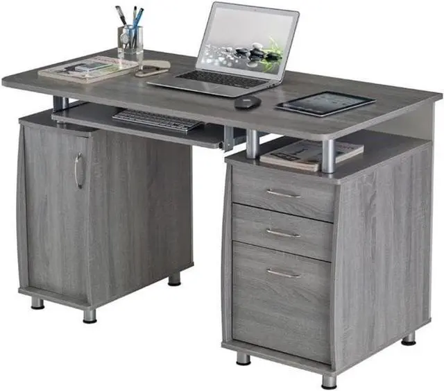 Main image of Pemberly Row 48" Wide Home Office Computer Desk in Gray with CPU Storage Cabinet and Hanging File Cabinet, Grey