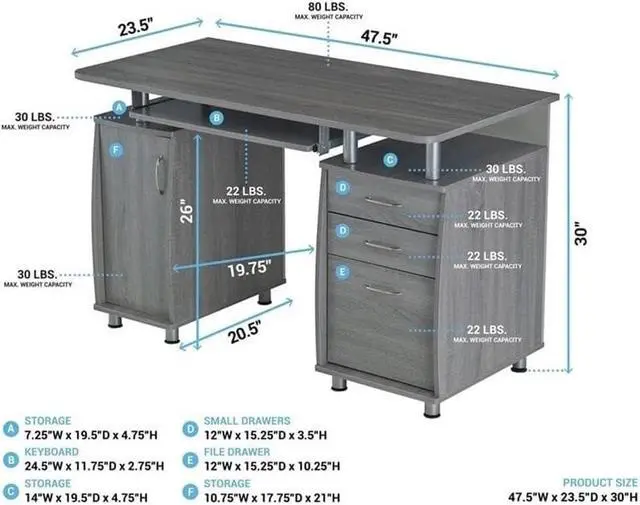 Alt view image 3 of 7 - Pemberly Row 48" Wide Home Office Computer Desk in Gray with CPU Storage Cabinet and Hanging File Cabinet, Grey