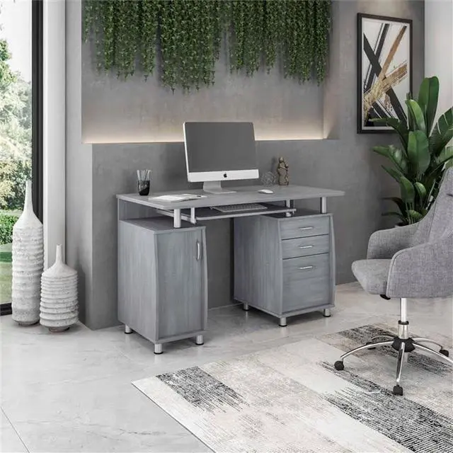Alt view image 2 of 7 - Pemberly Row 48" Wide Home Office Computer Desk in Gray with CPU Storage Cabinet and Hanging File Cabinet, Grey