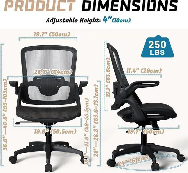 Alt view image 2 of 6 - Mesh Ergonomic Swivel Home Office Computer Desk Chair with Lumbar Support Height Adjustable Flip Up Arms Wheels for Adult