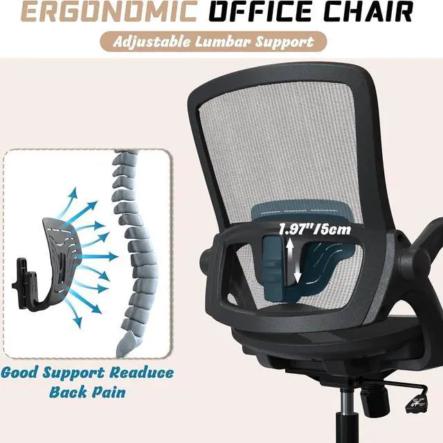 Alt view image 3 of 6 - Mesh Ergonomic Swivel Home Office Computer Desk Chair with Lumbar Support Height Adjustable Flip Up Arms Wheels for Adult