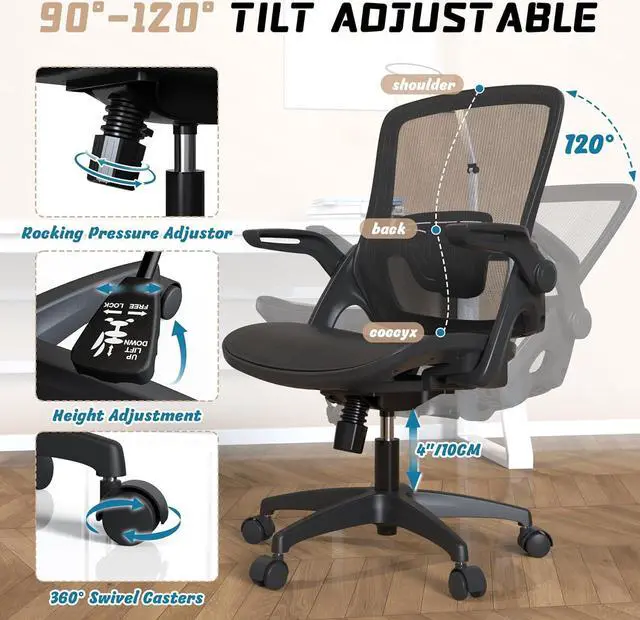 Alt view image 4 of 6 - Mesh Ergonomic Swivel Home Office Computer Desk Chair with Lumbar Support Height Adjustable Flip Up Arms Wheels for Adult