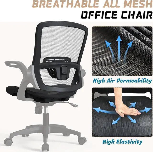 Alt view image 5 of 6 - Mesh Ergonomic Swivel Home Office Computer Desk Chair with Lumbar Support Height Adjustable Flip Up Arms Wheels for Adult
