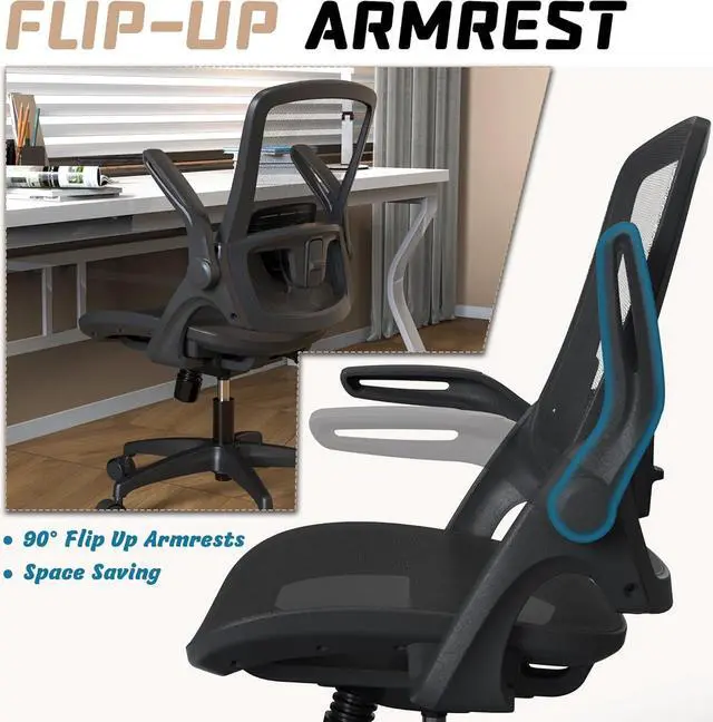 Alt view image 6 of 6 - Mesh Ergonomic Swivel Home Office Computer Desk Chair with Lumbar Support Height Adjustable Flip Up Arms Wheels for Adult