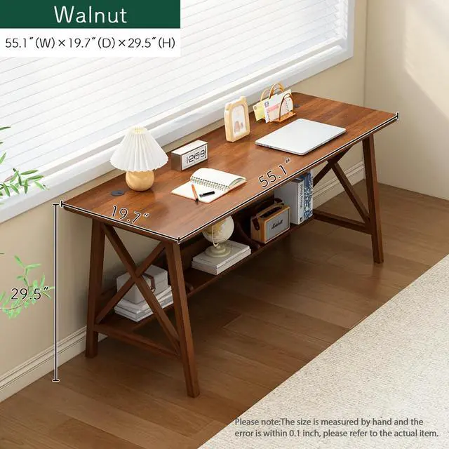 Alt view image 5 of 7 - Extra Long Desk with Bookshelf - Wooden Home Office Work Study Table, Writing Computer Workstation with Storage Shelf in Walnut, 55" Wx20 Dx30 H
