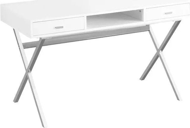 Main image of Monarch Specialties Laptop Table with Drawers and Open Shelf Computer, Writing Desk, Metal Sturdy Legs, 48" L, Glossy White