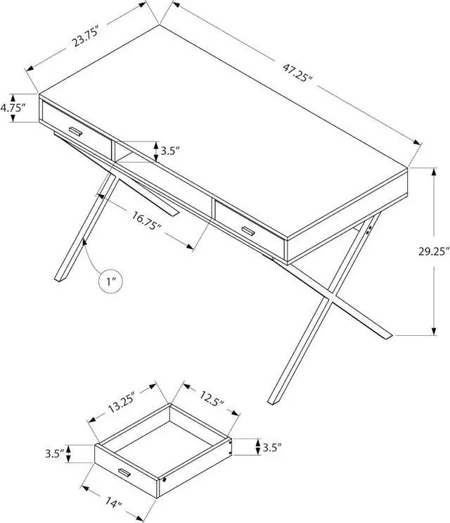 Alt view image 3 of 5 - Monarch Specialties Laptop Table with Drawers and Open Shelf Computer, Writing Desk, Metal Sturdy Legs, 48" L, Glossy White