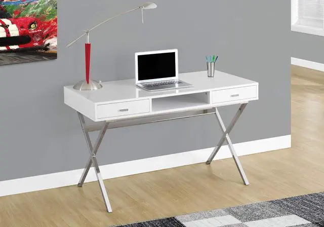 Alt view image 2 of 5 - Monarch Specialties Laptop Table with Drawers and Open Shelf Computer, Writing Desk, Metal Sturdy Legs, 48" L, Glossy White