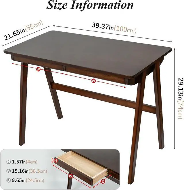 Alt view image 2 of 7 - Computer Desk with Drawers, Solid Wood Writing Desk, Mid Century Modern Home Office Desks, Oak Study Table, Small Desk for Bedroom, 29.1 H x 39.4 W x 21.7 D Inches, Walnut