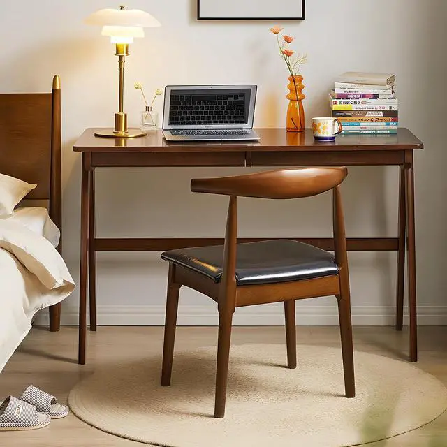 Alt view image 3 of 7 - Computer Desk with Drawers, Solid Wood Writing Desk, Mid Century Modern Home Office Desks, Oak Study Table, Small Desk for Bedroom, 29.1 H x 39.4 W x 21.7 D Inches, Walnut