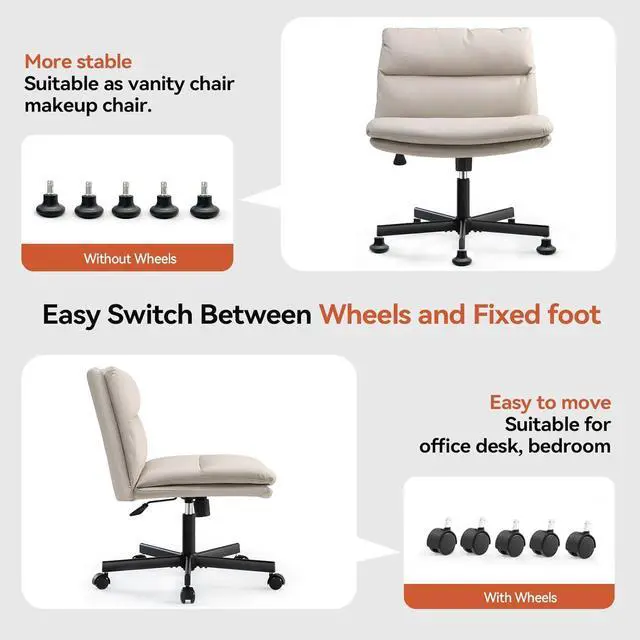 Alt view image 4 of 7 - EMIAH Armless Office Desks Chair with Wheels PU-Padded Vanity Chair Mid-Back Ergonomic Home Office Computer Chair Comfortable Adjustable Swivel Task Chair with Thickened Cushion