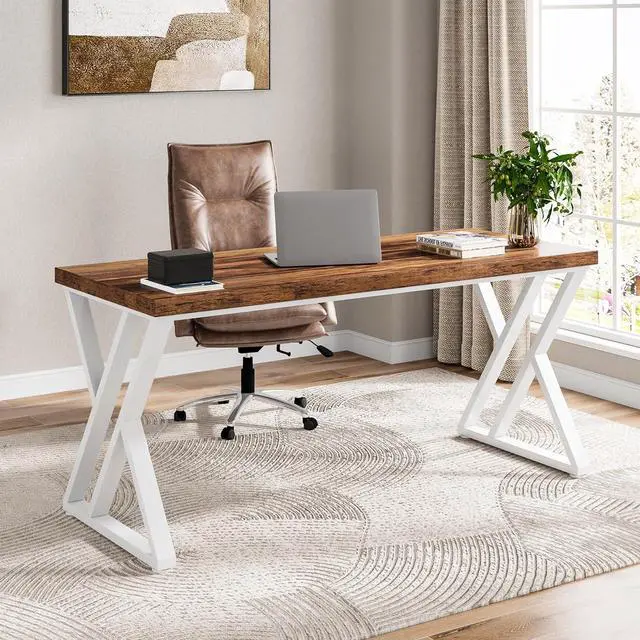 Main image of Tribesigns Modern Walnut/White 55" Heavy Duty Computer Desk, Study & Work Desk, 23.6"D x 55.1"W x 29.5"H, Z-Shaped Metal Legs, 330 lbs Capacity