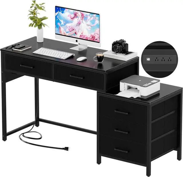 Main image of Unikito Reversible Computer Desk with 5 Drawers, Sturdy Office Desk with Power Outlets and USB Ports, Corner Writing Table with File Cabinet & Printer Stand, Vanity Desk with Storage, Black