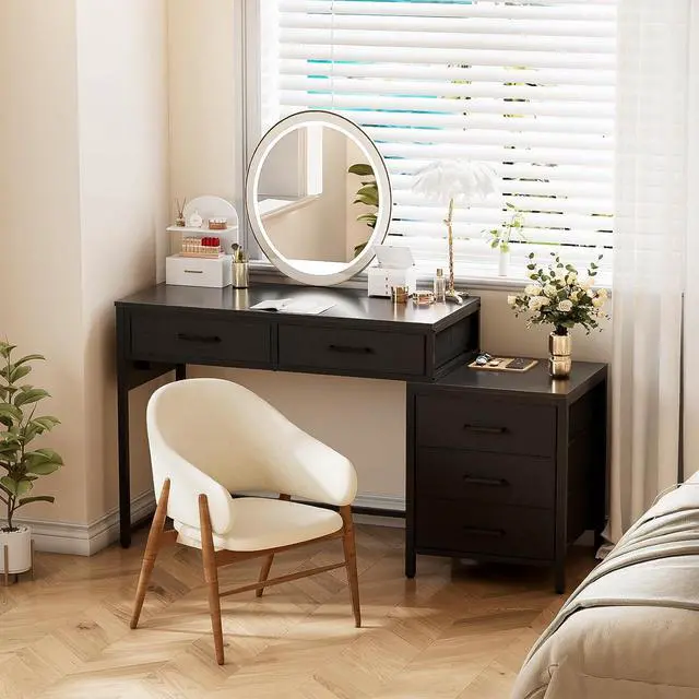 Alt view image 2 of 7 - Unikito Reversible Computer Desk with 5 Drawers, Sturdy Office Desk with Power Outlets and USB Ports, Corner Writing Table with File Cabinet & Printer Stand, Vanity Desk with Storage, Black