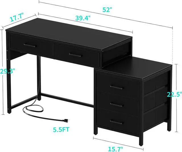 Alt view image 3 of 7 - Unikito Reversible Computer Desk with 5 Drawers, Sturdy Office Desk with Power Outlets and USB Ports, Corner Writing Table with File Cabinet & Printer Stand, Vanity Desk with Storage, Black