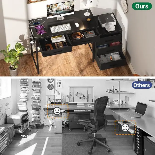 Alt view image 4 of 7 - Unikito Reversible Computer Desk with 5 Drawers, Sturdy Office Desk with Power Outlets and USB Ports, Corner Writing Table with File Cabinet & Printer Stand, Vanity Desk with Storage, Black