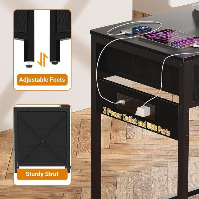 Alt view image 6 of 7 - Unikito Reversible Computer Desk with 5 Drawers, Sturdy Office Desk with Power Outlets and USB Ports, Corner Writing Table with File Cabinet & Printer Stand, Vanity Desk with Storage, Black