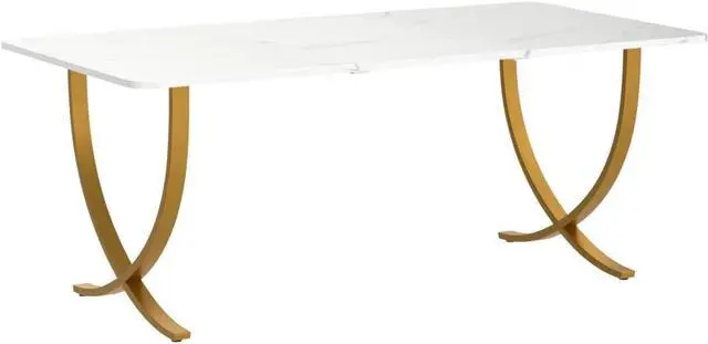 Alt view image 5 of 7 - Executive Desk, 63 W x 31.5 D Large Office Desk, Modern Computer Desk Conference Table Meeting Room Table, Business Furniture for Home Office, White and Gold