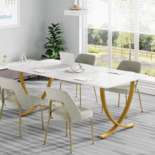 Alt view image 7 of 7 - Executive Desk, 63 W x 31.5 D Large Office Desk, Modern Computer Desk Conference Table Meeting Room Table, Business Furniture for Home Office, White and Gold