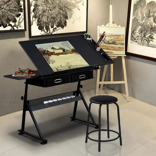 Alt view image 2 of 7 - Topeakmart Drafting Table for Artists, Height Adjustable Drawing Draft Desk, Tiltable Tabletop, Art Craft Work Station with Extra Board for Diamond Painting Sewing Graphic Designere