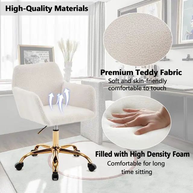 Alt view image 4 of 7 - HomVent Modern Faux Fur Cute Office Chair, Upholstered Faux Fur Makeup Vanity Chair, White Furry Desk Chair with Wheels & Gold Base,Ergonomic Adjustable Swivel Task Chair for Girls Women Bedroom Study