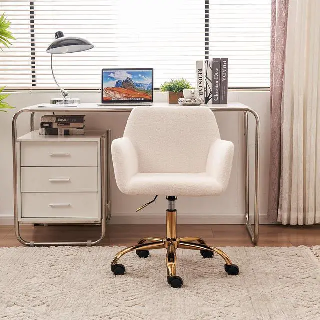 Alt view image 6 of 7 - HomVent Modern Faux Fur Cute Office Chair, Upholstered Faux Fur Makeup Vanity Chair, White Furry Desk Chair with Wheels & Gold Base,Ergonomic Adjustable Swivel Task Chair for Girls Women Bedroom Study