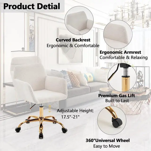 Alt view image 3 of 7 - HomVent Modern Faux Fur Cute Office Chair, Upholstered Faux Fur Makeup Vanity Chair, White Furry Desk Chair with Wheels & Gold Base,Ergonomic Adjustable Swivel Task Chair for Girls Women Bedroom Study